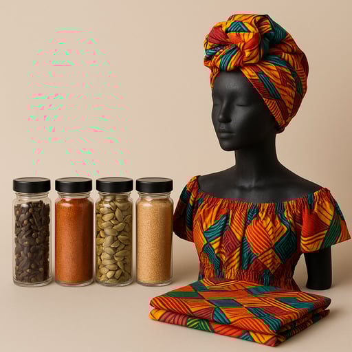 Sélection d'épices et vêtements afro-caribéens de qualité supérieure proposés par Les Délices de Josy, présentés de façon élégante et minimaliste