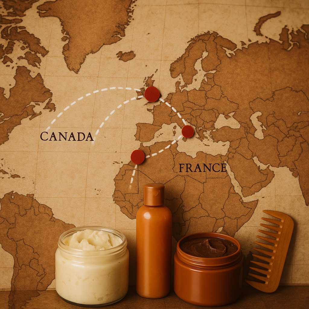 Carte élégante montrant l'expansion internationale des produits afro-caribéens à travers le Canada, le Maroc et la France