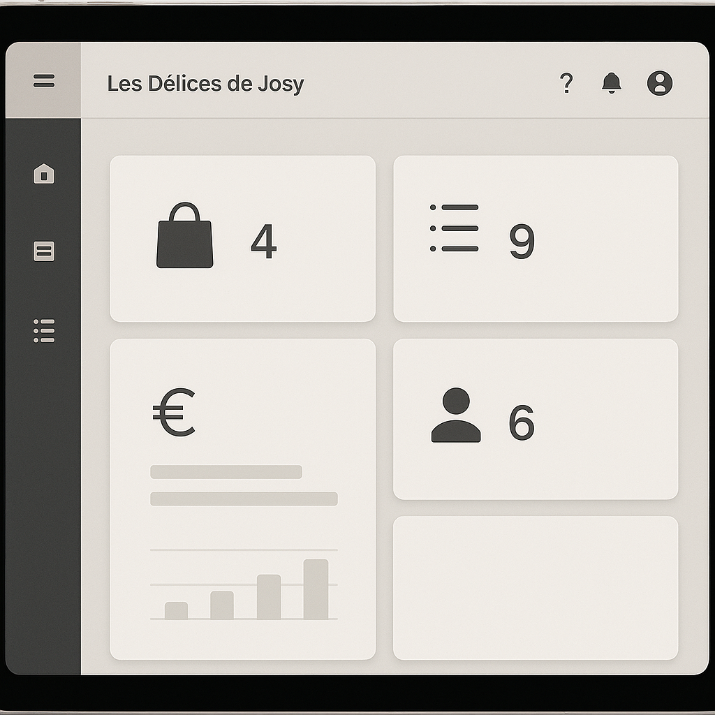 Interface épurée montrant la gestion simplifiée des opérations commerciales avec Les Délices de Josy